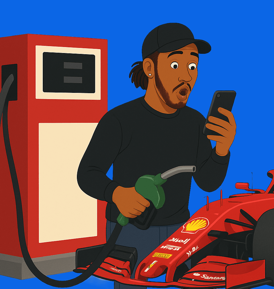 Lewis at the fuel pump saving money