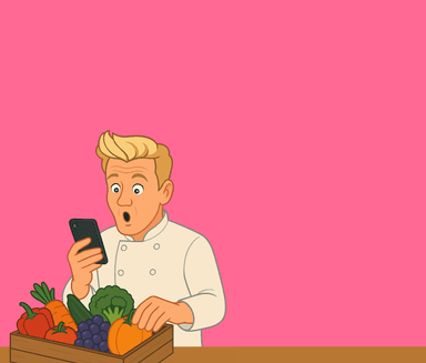 Chef holding groceries and a phone
