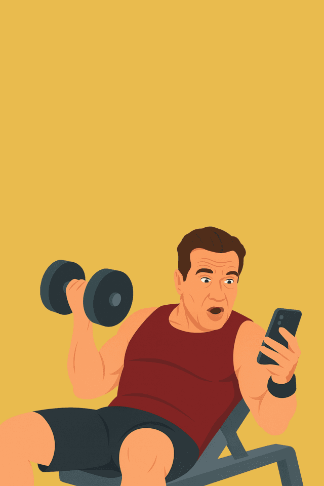 Person lifting dumbbells while checking their phone