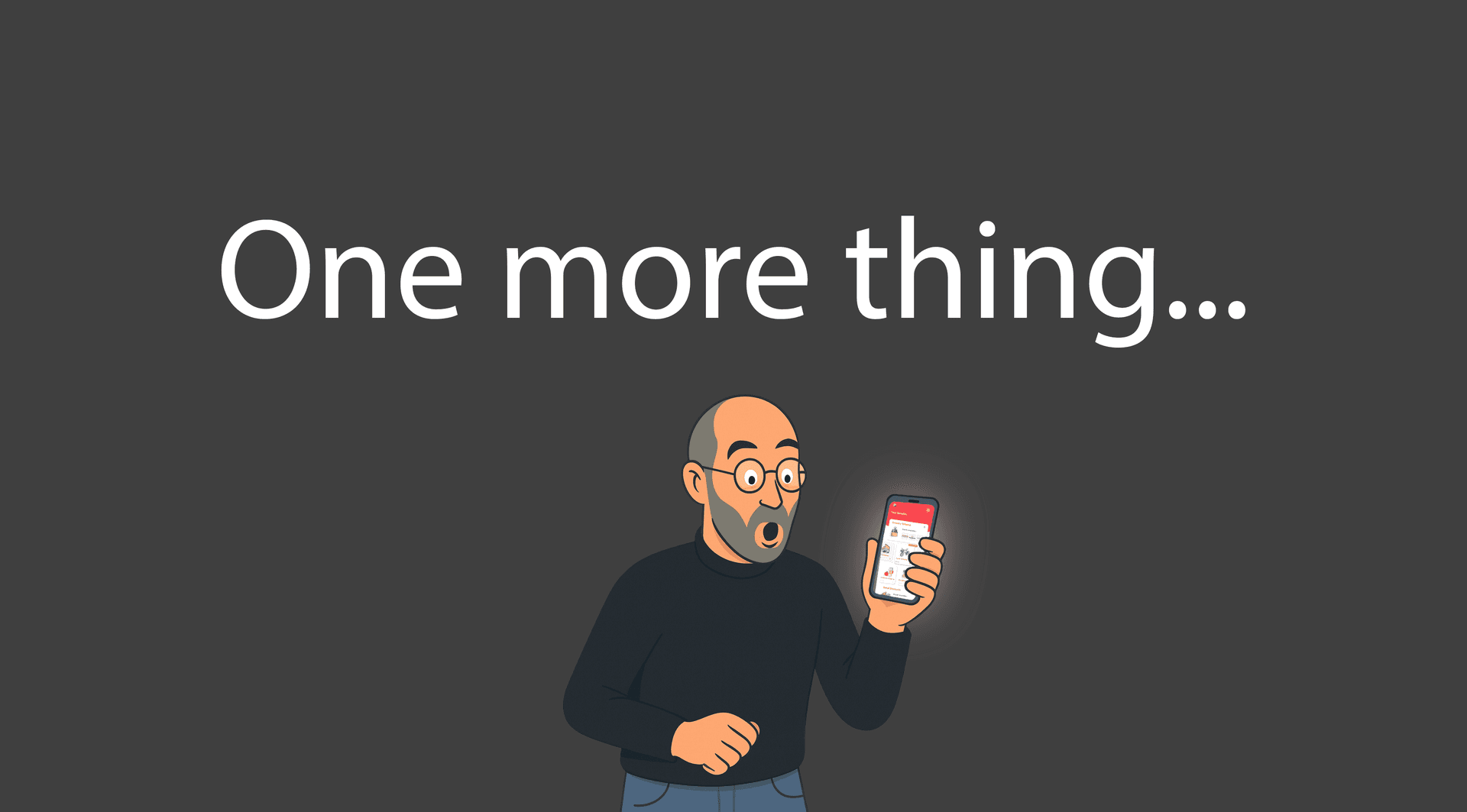 Steve Jobs-style character with smartphone showing graph